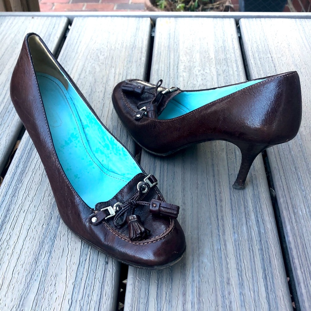 Coach Alma G heels brown leather loafer look tassels stacked heel pump